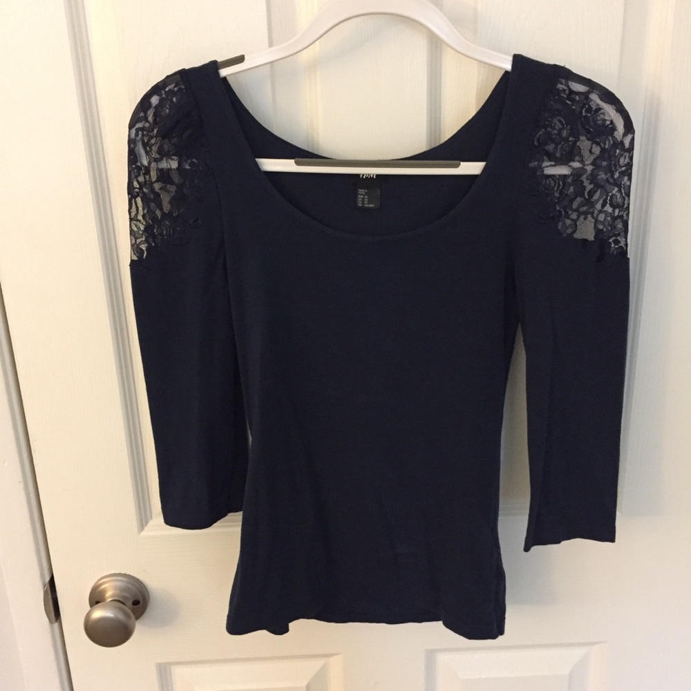 navy fitted shirt with lace shoulders